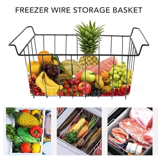 Freezer Organizer Bins, 2 Pack Small Stackable Deep Freezer Organizer Bins, Freezer Storage Wire Rack with PE Coating, Freezer Hanging Basket, 50X26X23CM, Black