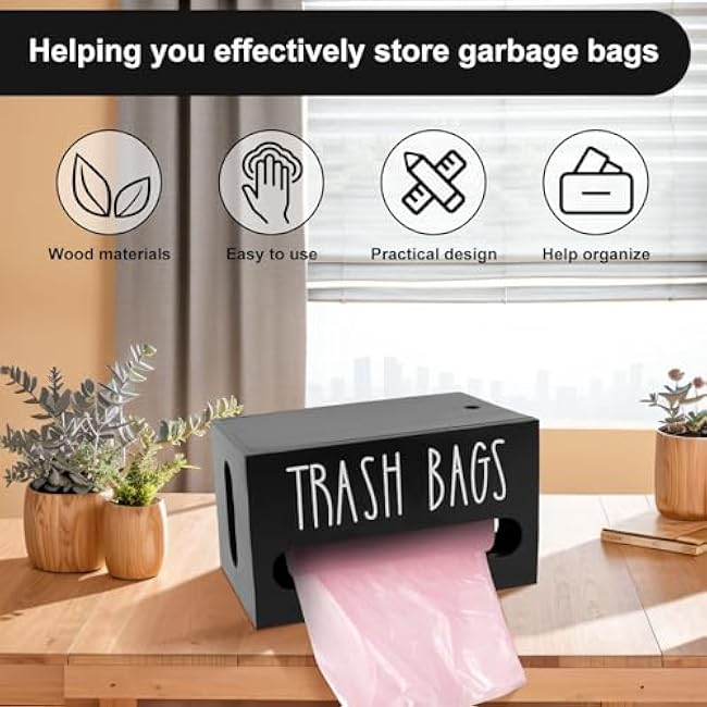 Trash Bag Dispenser Wall Mounted Trash Bag Organizer Plastic Bags Storage Box Wooden Trash Bag Roll Holder for Home Kitchen, Black