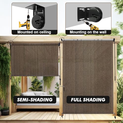 Image of Artpuch Patio Shades Roll Up Outdoor Roller Shade with Spliced Design, 135 inch W x 96 inch H Cordless Outside Blinds Cloth for Porch Pergola Gazebo, Mocha