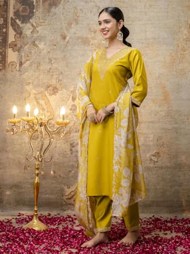 Image of VredeVogel Kurta Set with Dupatta | Embroidered Viscose Rayon Kurta Pant Set for Women | Women's Ethnic Casual Kurti Set