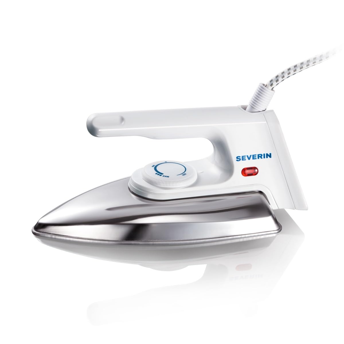SEVERIN Plancha de mano sin vapor con suela de aluminio pulido y regulación continua de la temperatura, Mini plancha ligera de 600 g con protección contra dobleces del cable, blanca, BA 3211