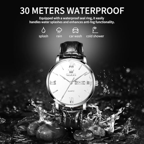 OLEVS Watches for Men Leather Watch Mens Waterproof Watches Casual Dress Luxury Analog Quartz Watch Black Leather Band, Roman Numerals & Big Face for Large Wrist Minimalist Relojes para Hombres — view 2