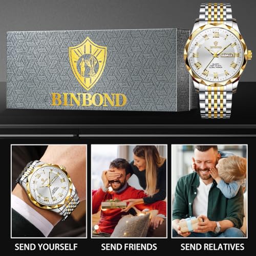 Image of BINBOND Men's Watch Luxury Business Dress Analog Quartz Stainless Steel Casual Date Wrist Watches for Men Easy Read Roman Numeral Large Dial Waterproof Luminous