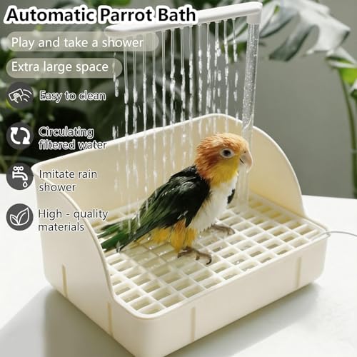 Image of kathson Parrot Bathtub, Automatic Bird Bath Indoor,Parakeet Shower Fountain,Parrot Bath Tub for Pet Birds, Cockatiel, Conure, Budgie, Lovebird, African Grey, Finches,Beige