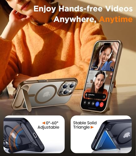 Image of Elzzi Magnetic Cover Compatible For iPhone 16 Pro Max Case with Adjustable Metal Kickstand, Compatible with Mag-Safe Translucent Matte Protective Phone Shockproof Case, Desert Titanium