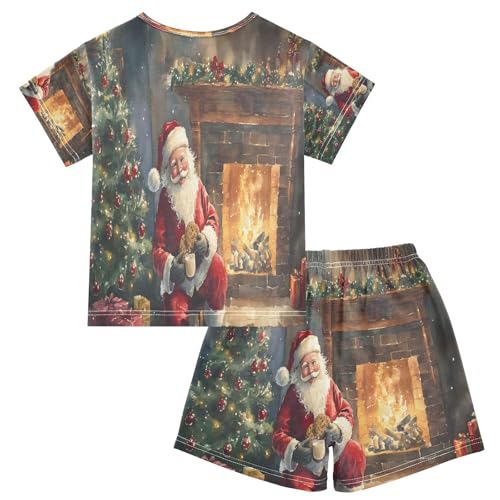 ALAZA Santa Claus Christmas Tree Star Pajamas Set Short Sleeve Cotton Sleepwear Summer Pjs 2 Piece 5-14Y2
