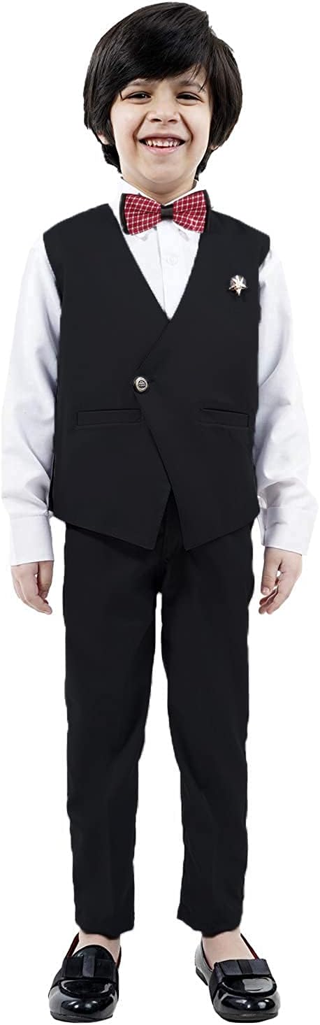 Alles Marche Boy's Cotton 3 Piece Waistcoat Pant Shirt Set (Black, 7-8 Years)