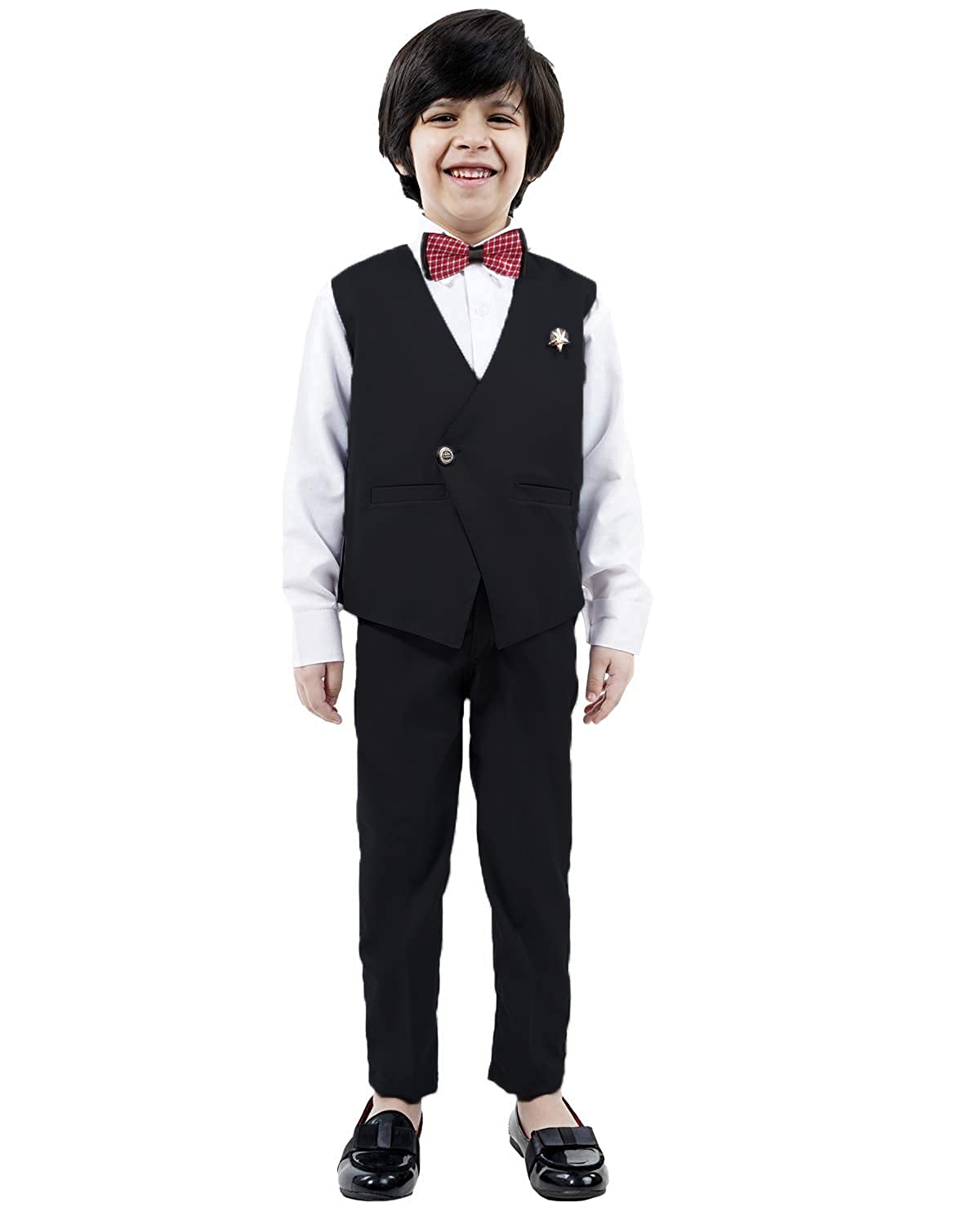 Alles Marche Boy's Cotton 3 Piece Waistcoat Pant Shirt Set (Black, 7-8 Years)