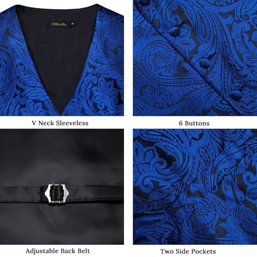 DiBanGu Mens Vest and Tie Set Formal Paisley Waistcoat and Necktie Pocket Square Cufflinks Silk Suit Vest for Tuxedo Wedding4