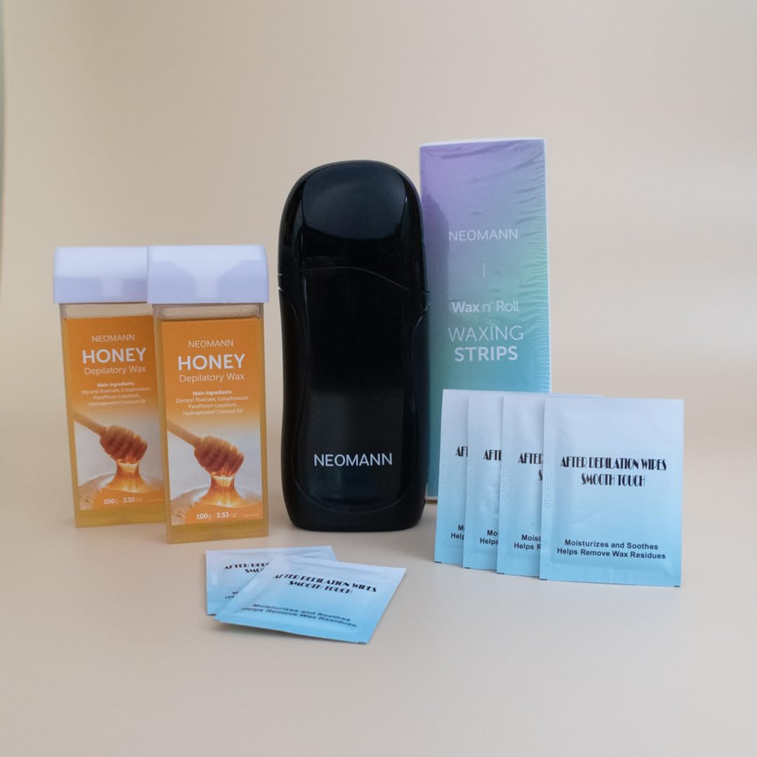 Wax-n'Roll - Set di depilazione Honey | scaldabagno Roll-On con 2 cartucce a forma di miele, 50 strisce di cera e 6 panni per la cura (nero) – qualità salone per la casa