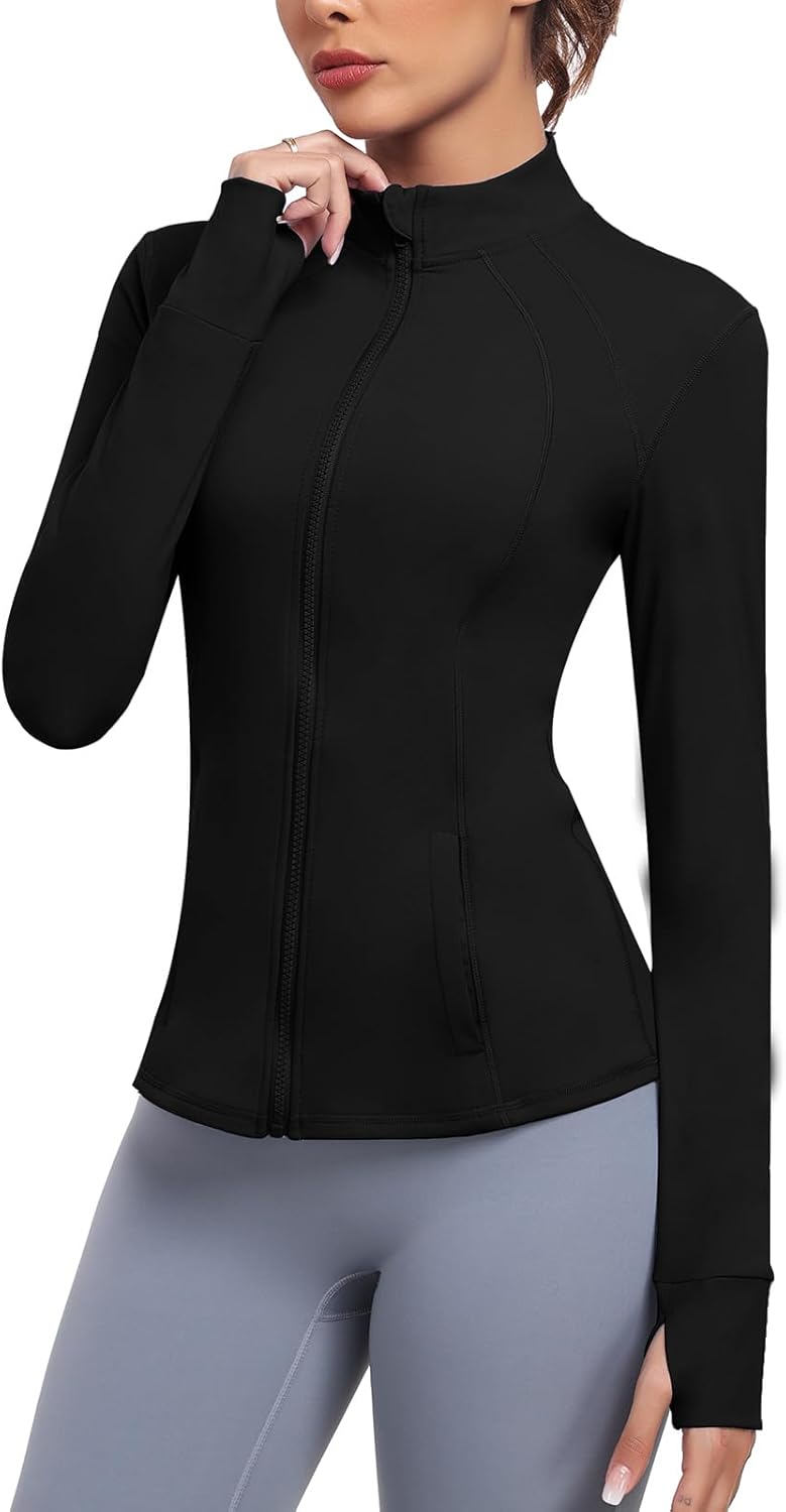 Women's Athletic Full Zip Lightweight Workout Jacket With Pockets Running Yoga Sportwear With Thumb Holes
