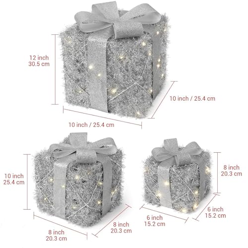 GAOMON Christmas Lighted Gift Boxes Set of 3, Battery Operated Light Up Present Box, Xmas Under Tree Decor, Different Sizes Pre-Lit Gift Boxes with Bowknot for Outdoor Indoor Christmas Decor, Silver