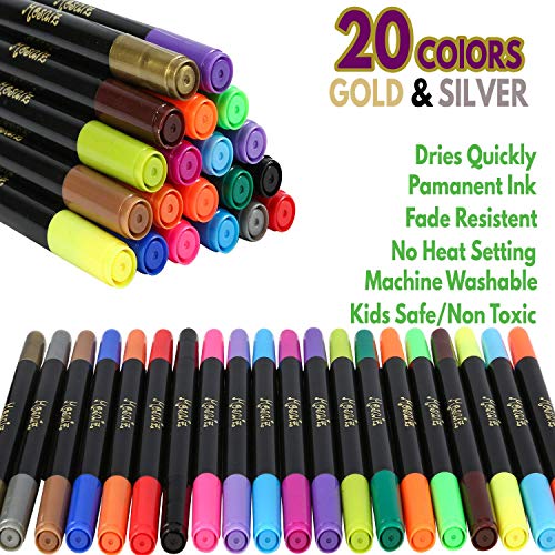 Dual Tip Fabric Markers with Gold and Silver 20 Colors Fine and Chisel Tip Permanent Ink Art Marker for Fabric Painting Writing on Cloth Laundry Clothes Canvas Bags Paint T-Shirts Shoes - Thumbnail 6