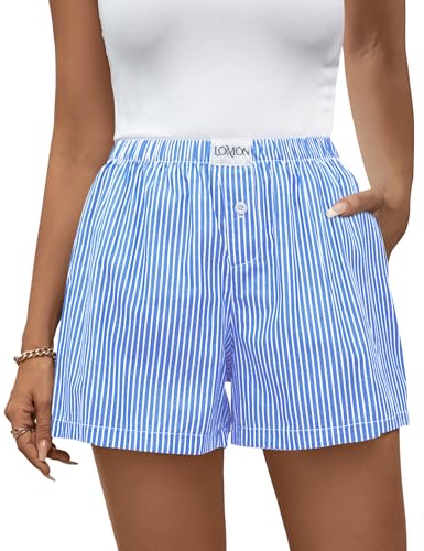 Image of LOMON Boxer Shorts for Women Summer Gingham Pajamas 2026 Lounge Sleep Pj Plaid Shorts Y2K Beach Bottoms with Pockets