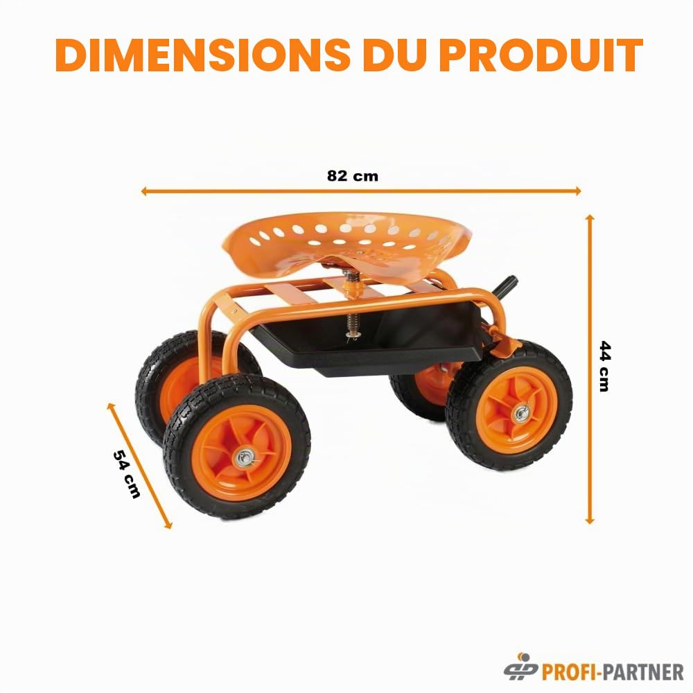 Siège de travail à roulettes pour jardinage - Siège de jardin - Chariot d'atelier avec roulettes - Charge maximale : 150 kg - Frein de stationnement - Pivotant à 360°