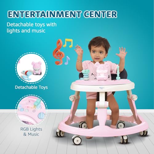 Image of Amazon Brand - Supples Baby Walker (Musical) | Kids Walker with Toys | Baby Walkers for Boys & Girls 9+ Months | Adjustable Height Walker with RGB Lights | Birthday Gift for 1 Year Old | Pink & White