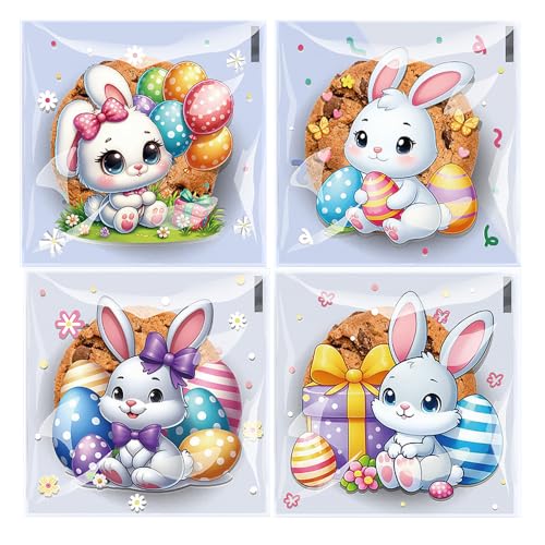 Colodeol 200 PCS Small Easter Cellophane Treat Bag,Easter Clear Self Adhesive Candy Bags,Plastic Cookie Bags Goodie Bags for Party Favor Supplies