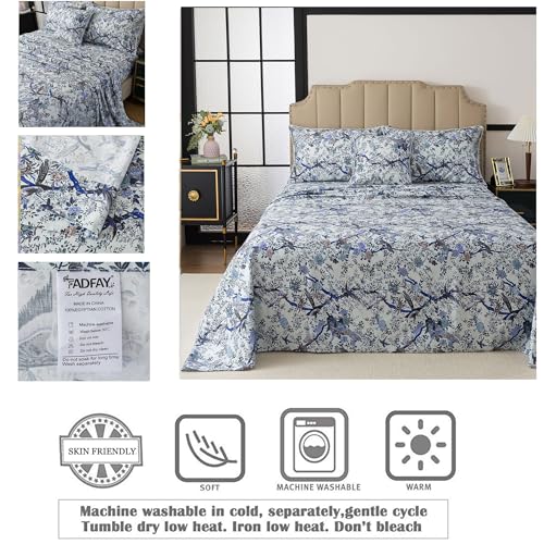 Image of FADFAY Sheets Set King Botanical Bird Floral Bed Sheets Set Vintage Blue Farmhouse Bedding Shabby Branches Bedding Collections 100% Egyptian Cotton Breathable Soft 17.7 inch Deep Pocket 4Pcs, King Size