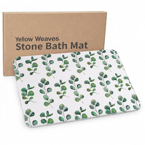 Image of Yellow Weaves Printed Stone Bath Mat, Diatomaceous Earth Shower Mat, Non-Slip Super Absorbent Quick Drying Bathroom, Kitchen Floor Mat, Easy to Clean (45x35 cm-Sandstone) Tropical Leaves, Green