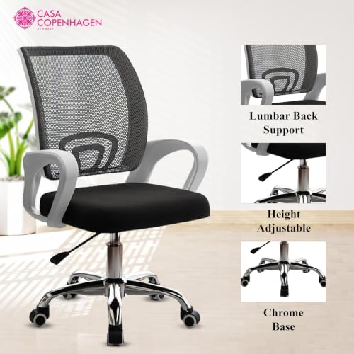 Image of Casa Copenhagen Mesh Mid Back Office /Study /Computer /Revolving /Desk Chair for Work from Home -Metal Base, Height Adjustable Seat - Black & White Handle
