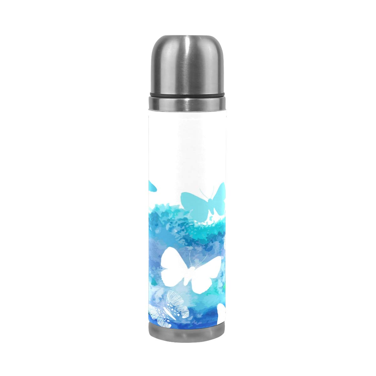 Taza de viaje aislada al vacío de acero inoxidable con doble pared a prueba de fugas, botellas de acuarela con diseño de mariposas, estampado personalizado en piel auténtica, 500 ml