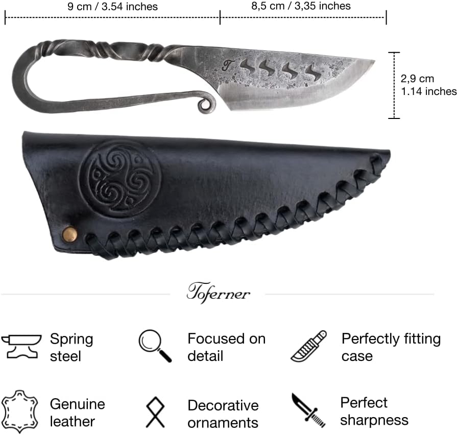 Toferner Celtic Pocket Knife, Hand Forged Knife with Black Leather Case, Hardened Blade, Vintage, Antique Art Collecting, Original Gift Idea