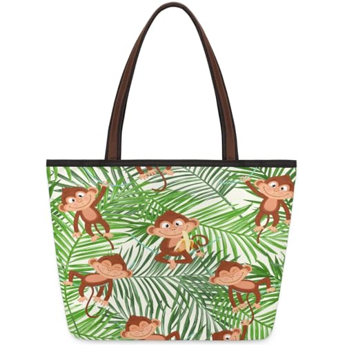 Palm Banana Monkeys Tote Bag Multi Pocket Zippered Beach Bag Lightweight Waterproof Handbag for Women Men Work Gym Travel Swimming Yoga Grocery Shopping M