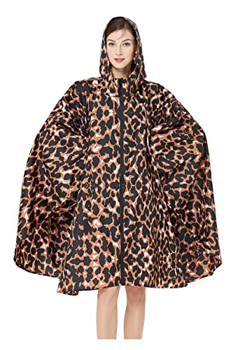 Womens Rain Poncho Stylish Polyester Waterproof Raincoat Free Size with Hood Zipper