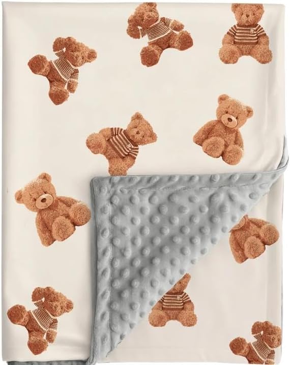 Bear and Buffalo Check Plaid Baby Blanket Gender Neutral Blankets for Newborn Baby Girls or Boys Nursery Toddler Double Layer Blanket with Dotted Backing and Bear Printed (Bear1)