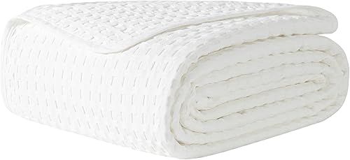 Miniatura 10 de Manta de algodón de punto gofre, suave, ligera, transpirable, agradable a la piel, para sofá durante todas las estaciones (90 x 90 pulgadas, verde)