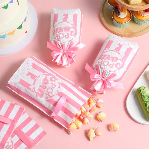 Image of 50 Pcs Popcorn Plastic Bags Circus Carnival Party Goodie Bags Bulk Movie Night Popcorn Container for Carnival Movie Night Theater Halloween Party Supplies (Pink)