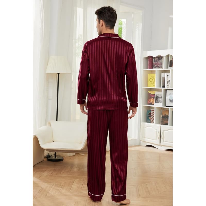 Image of U2SKIIN Silk Pajamas for Men, Long Sleeve Men Satin Pajamas Set Striped Button Down 2-Piece Pjs Set