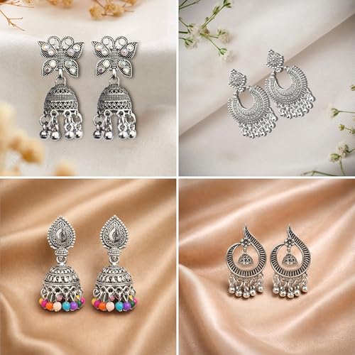 Image of Ishq E Jhumka Oxidized Metal Designer Earring Set of 12 with Folding Jewelry Box | Minimalist & Traditional Jhumka Set for Womens & Girls
