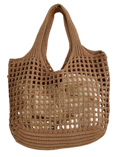 Bolsos tote tejidos a mano para mujer, estilo bohemio, con detalles huecos y asas superiores, color marrón miniatura 1