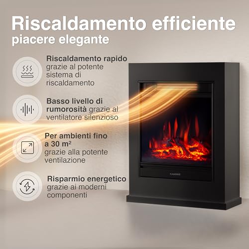 Kaminio Camino Elettrico Kalle - Caminetto Elettrico A Pavimento Con Riscaldamento, Effetto Fiamma 3D, Telecomando (Nero) - 4
