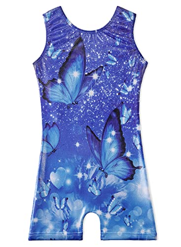 Gymnastics Leotards for Girls 6 7 Kid Dance Outfit Sparkly Blue Butterfly Biketard Toddlers Child (Butterfly Blue, 6-7 Years)