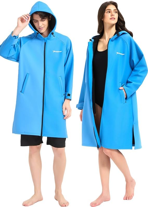 Waterproof Swimming Parka, Windproof Fleece Lined Surf Poncho Coat, Water Resistant Oversized Jacket for Swimming