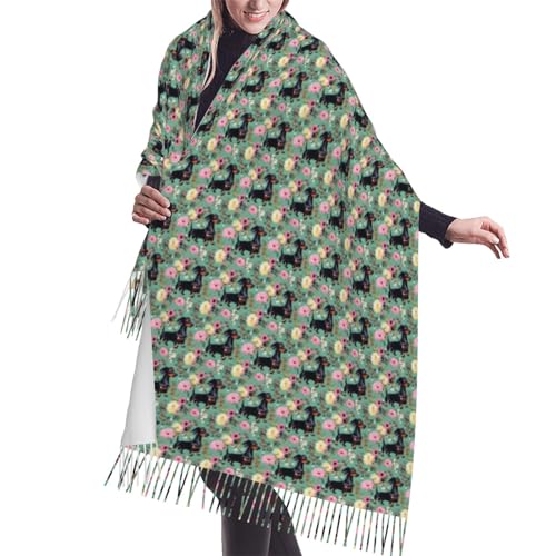 Gambo Bufanda de mujer con estampado floral de perro salchicha, chal, bufanda de otoño e invierno, bufanda de borla cálida de cachemira sintética, Flores de perro salchicha, talla única Gambo Bufanda de mujer con estampado floral de perro salchicha, chal, bufanda de otoño e invierno, bufanda de borla cálida de cachemira sintética, Flores de perro salchicha, talla única