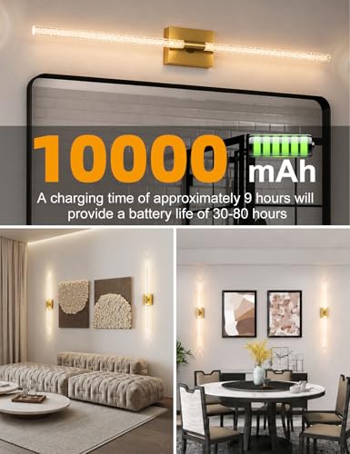 Image of Crystal Bubble Battery Operated Wall Sconces Set of 2: 10000mAh Gold Rechargeable Wall Light, 360 Rotate 4CCT Dimmable Modern Wireless Wall Lamp Decor for Hallway Bathroom Bedroom Living Room Mirror