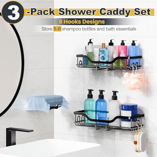 Image of OMAIRA 3-Pack Shower Caddy with Soap Holder, Adhesive Rustproof No-drill Strudy Loading Inside Shower Organizer Shelves Rack Storage Bathroom Organization for Smooth Wall Glass Tile, Black (Large)