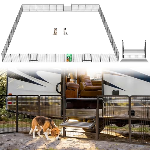 Image of FXW Instant Dog Playpen with RV Step Grid for RV Camping, 32 inch H, 48 Panels | Quick-Setup & Heavy-Duty Play Yard, Helps Close Stair Gaps, Fits 30 inch RV Step Opening, For Small & Medium Dogs, Patented