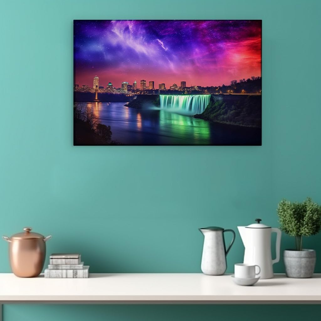 Canvas for Living room. Illuminated Majesty: Niagara Falls' Nocturnal Spectacle Meets Urban Twinkle, 27 x 18 inch Canvas Wall Art - Contemporary Masterpieces - Zen Wall Decor - 69x46 cm (27x18 inch)