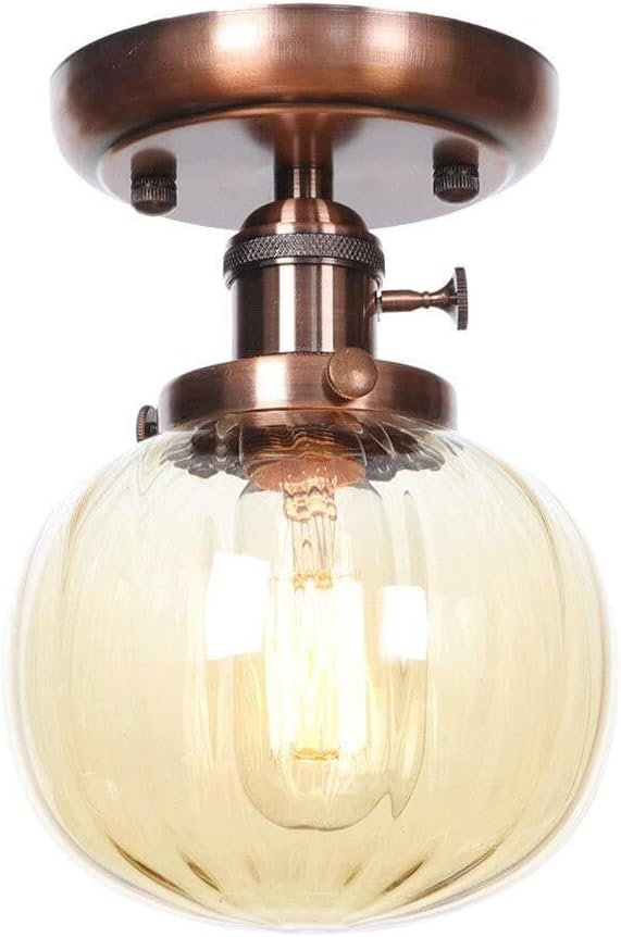 LOFT Retro Striped Glass Ball Lampshade Ceiling Lamp Semi Flush Mount Ceiling Light Fixture LED E27 Single Head Ceiling Lights for Bathroom Porch Kitchen Living Room Dining (Color : Chrome) Re