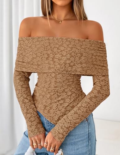 ZESICA Women's Fall Floral Off Shoulder Tops 2025 Mesh Long Sleeve Shirts Asymmetrical Ruched Tee Blouses Trendy Outfits3