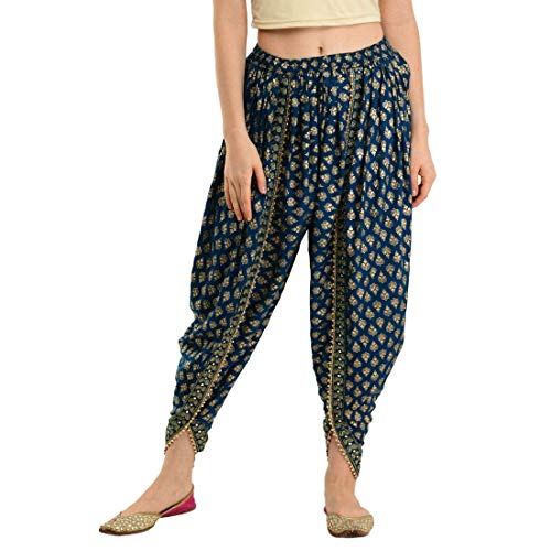 S R Collection Women/Girls Cotton/Rayon Solid Full Length Lace Loose Fit Plain Dhoti Pant/Salwar/Patiala (Printed-Blue)
