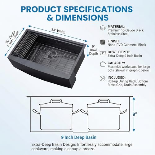 Image of 33 Inch Farmhouse Sink, Gunmetal Black Stainless Steel Apron Front Undermount Single Bowl Farm Kitchen Sink 33x20x9 16 Gauge with Accessories