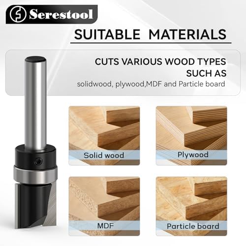 Serestool 4PCS Pattern Flush Trim Router Bits Set with Guide Bearing, 1/4” Shank Straight Cut Flush Trim Pattern Tools, Template Wood Milling Cutter for Trimming — view 6