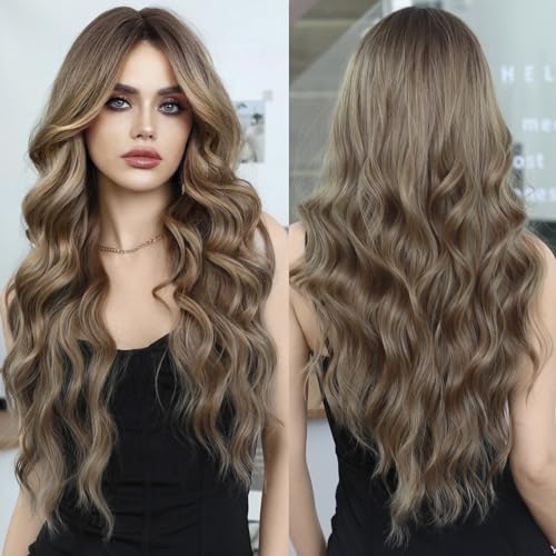 PARK YUN Long Wavy Light Brown Wigs With Bangs 26 Inch Ombre Dirty Blonde Curtain Bangs Synthetic Heat Resistant Wig With Dark Roots Natural Dark Blonde Brown Brunette Wigs For Women