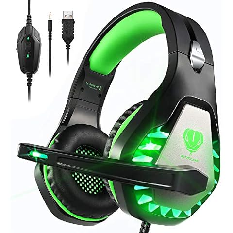 Pacrate Gaming Headset with Microphone for Switch PC PS4 PS5 Xbox One Noise Cancelling Gaming Headphones with LED Lights for Kids Adults Black Green Cover