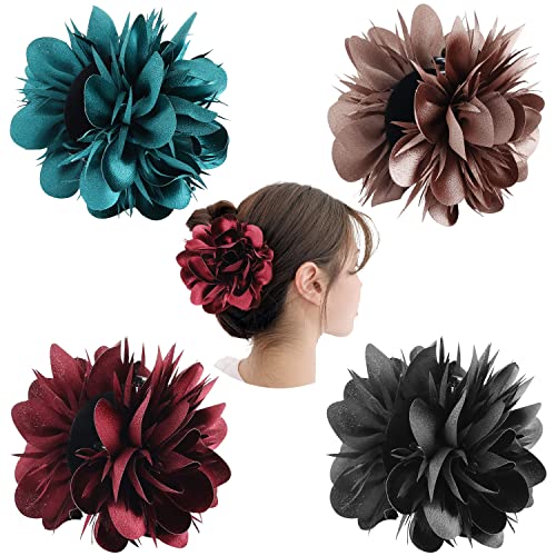 Cinaci 4 Pack Big Large Satin Rose Floral Flower Plastic Hair Claws Clips Bow Barrettes Clamps Bun Chignon Updo Holders Hair Accessories For Women Girls #TOP11